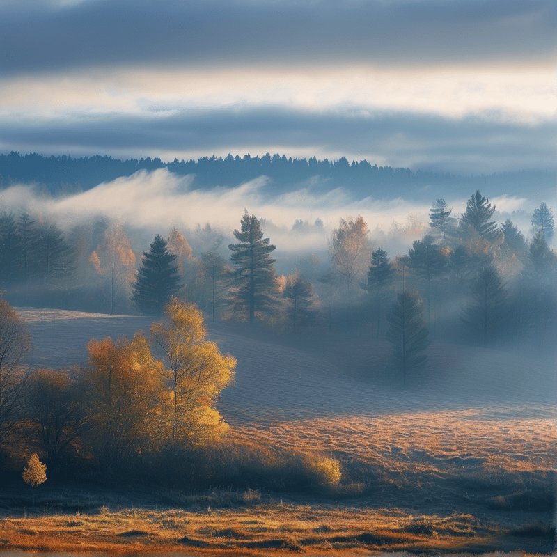 Low mist threads between frosty pastures and glowing birches while grey clouds linger above a distant pine ridge.