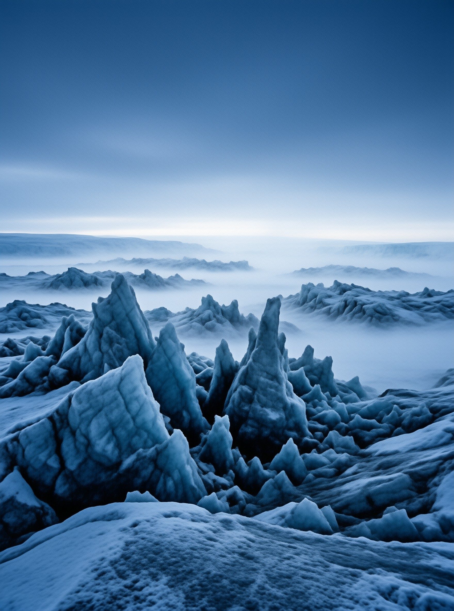 Sharp frozen structures stand out against low lying fog under a pale blue sky during early dawn hours.