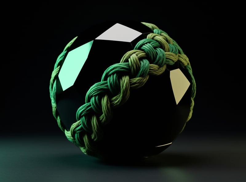 A black football wrapped in a textured green knitted rope is illuminated against a dark studio background.