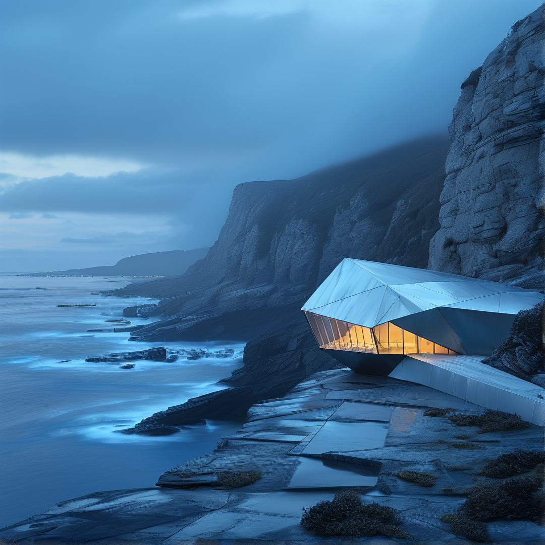 Geometric white villa with warm interior lighting perched on rocky cliffs overlooking a tranquil ocean during blue hour.