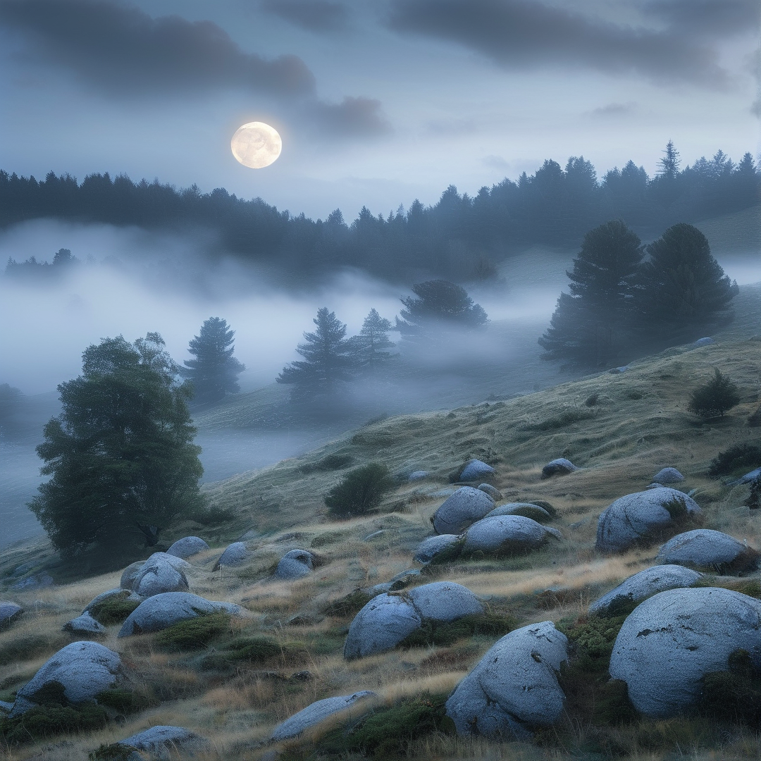 Misty Moonlit Mountain