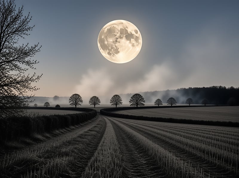 A large full moon hangs high in the sky above a quiet country road lined with bare trees and hedgerows during twilight.
