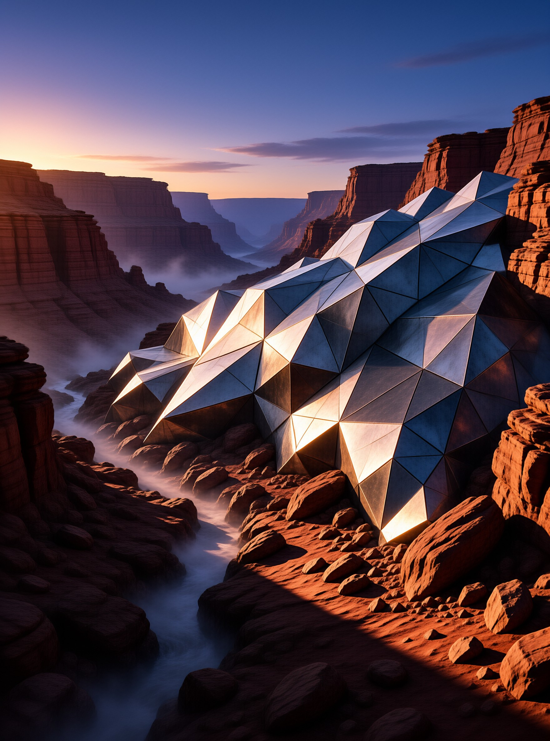 A polished angular sculpture of mirror panels rests among red rocks as a misty river winds through the canyon at dusk.