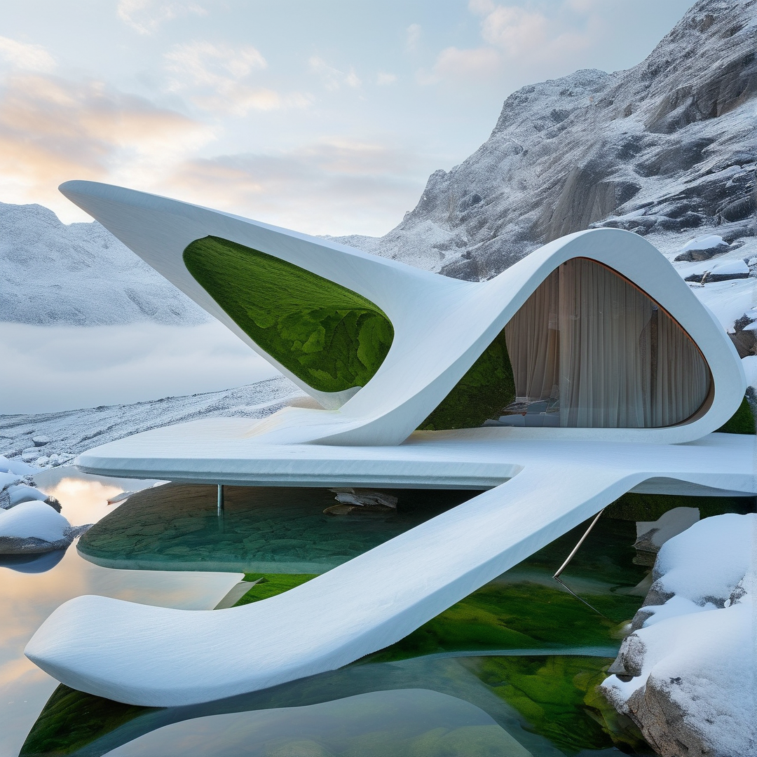 A futuristic white curved building sits on water surrounded by snowy peaks under a soft sky.