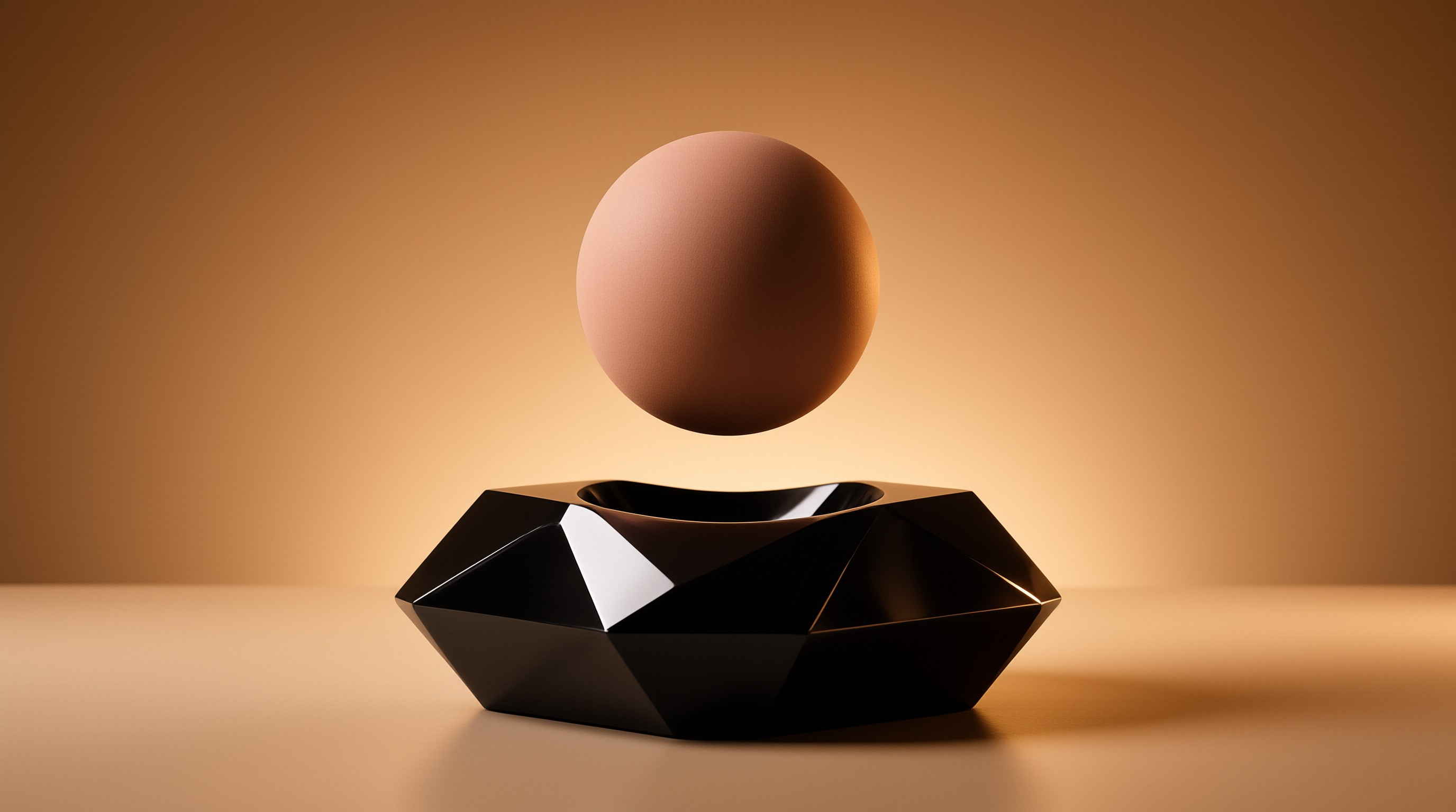 A smooth brownish-pink sphere hovers centrally above a low black geometric shape with sharp faceted edges reflecting light against a warm beige background.