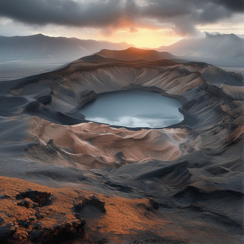 Volcanic crater holds a still pale blue lake, ringed by eroded slopes, with warm sunset light over distant mountains.