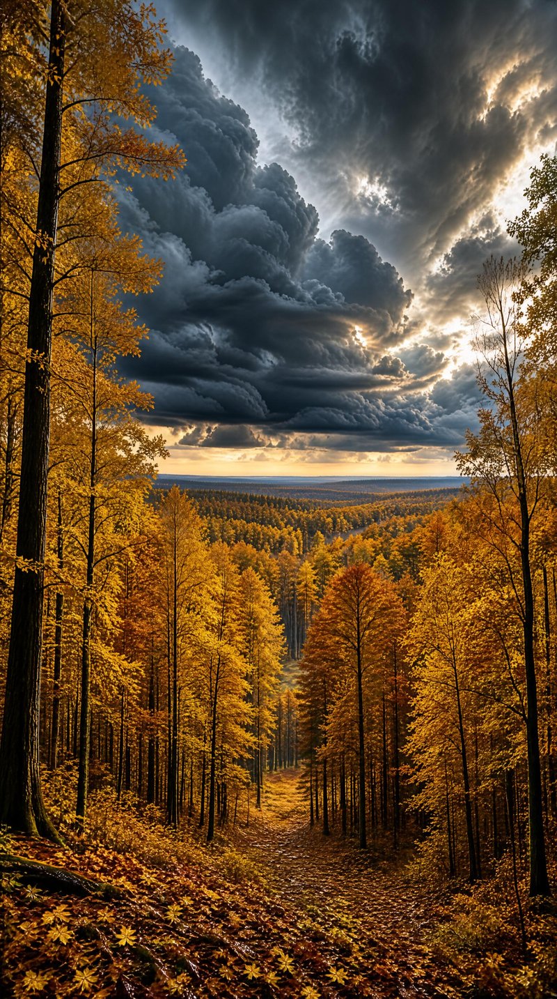 Autumn Forest Beneath Dramatic Storm Clouds
