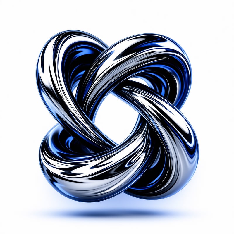A shiny blue and silver knot floats against a white background, displaying smooth reflective surfaces and twisted geometric details.