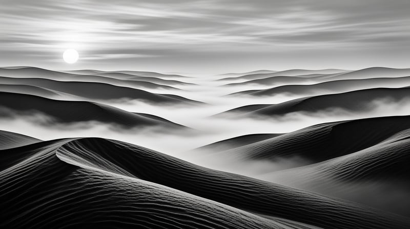 Monochrome landscape of rolling sand dunes at dawn, low sun shining over fog filled valley ridges under streaked cloudy sky
