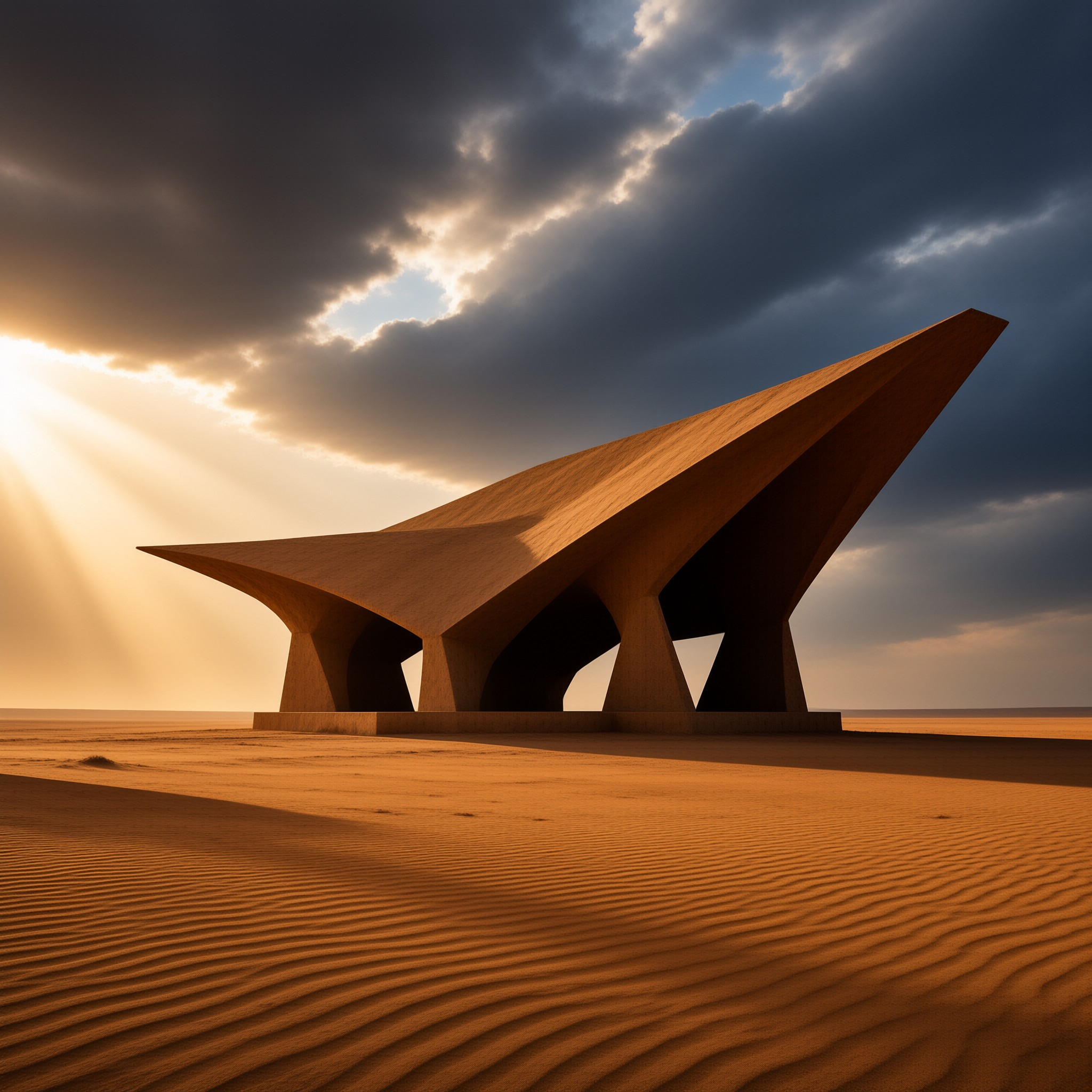 A sharp angular concrete building stands alone in the sand dunes while golden sunlight breaks through storm clouds above.