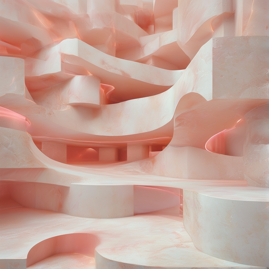 Abstract pale pink forms resembling carved stone create a landscape of soft curves and glowing edges.