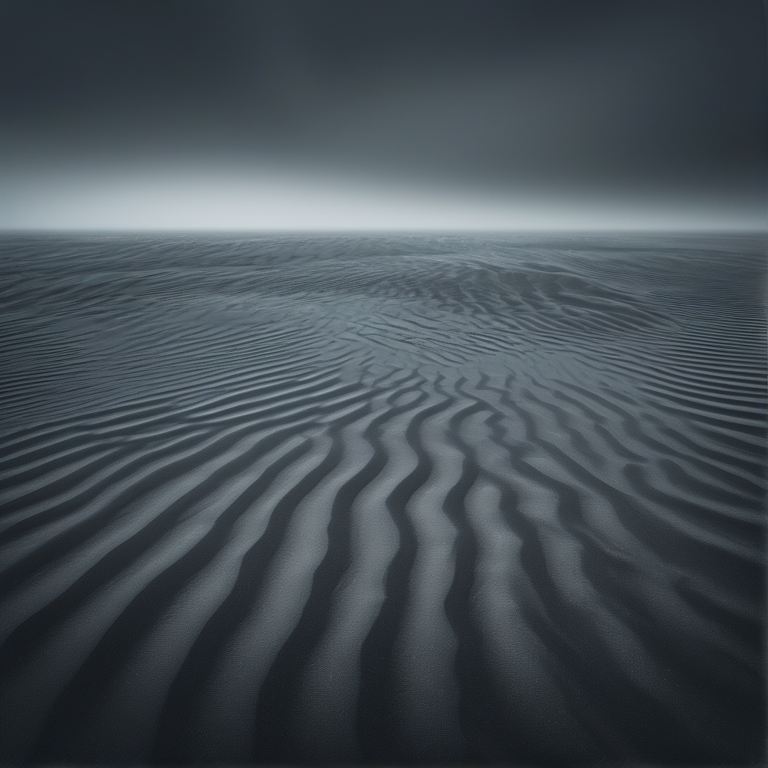 Monochrome view of a vast desiccated plain covered in undulating ripple patterns fading into a hazy dim sky