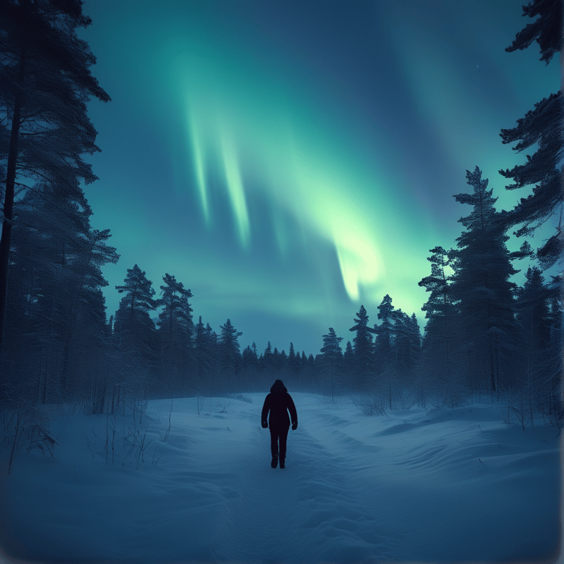 Lone Walker Under Aurora