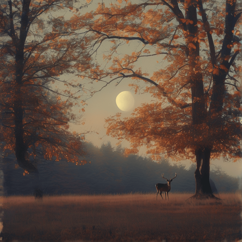 A stag with antlers stands in a grassy field framed by trees with orange leaves while a bright orb hangs in the misty sky.