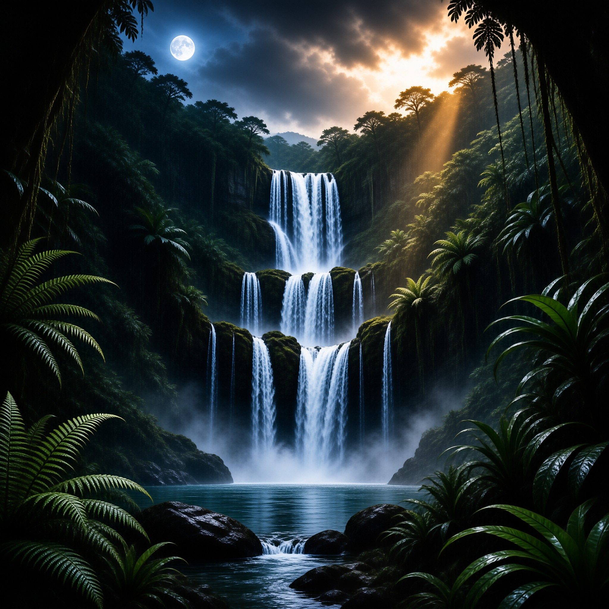 Moonlit Jungle Waterfall