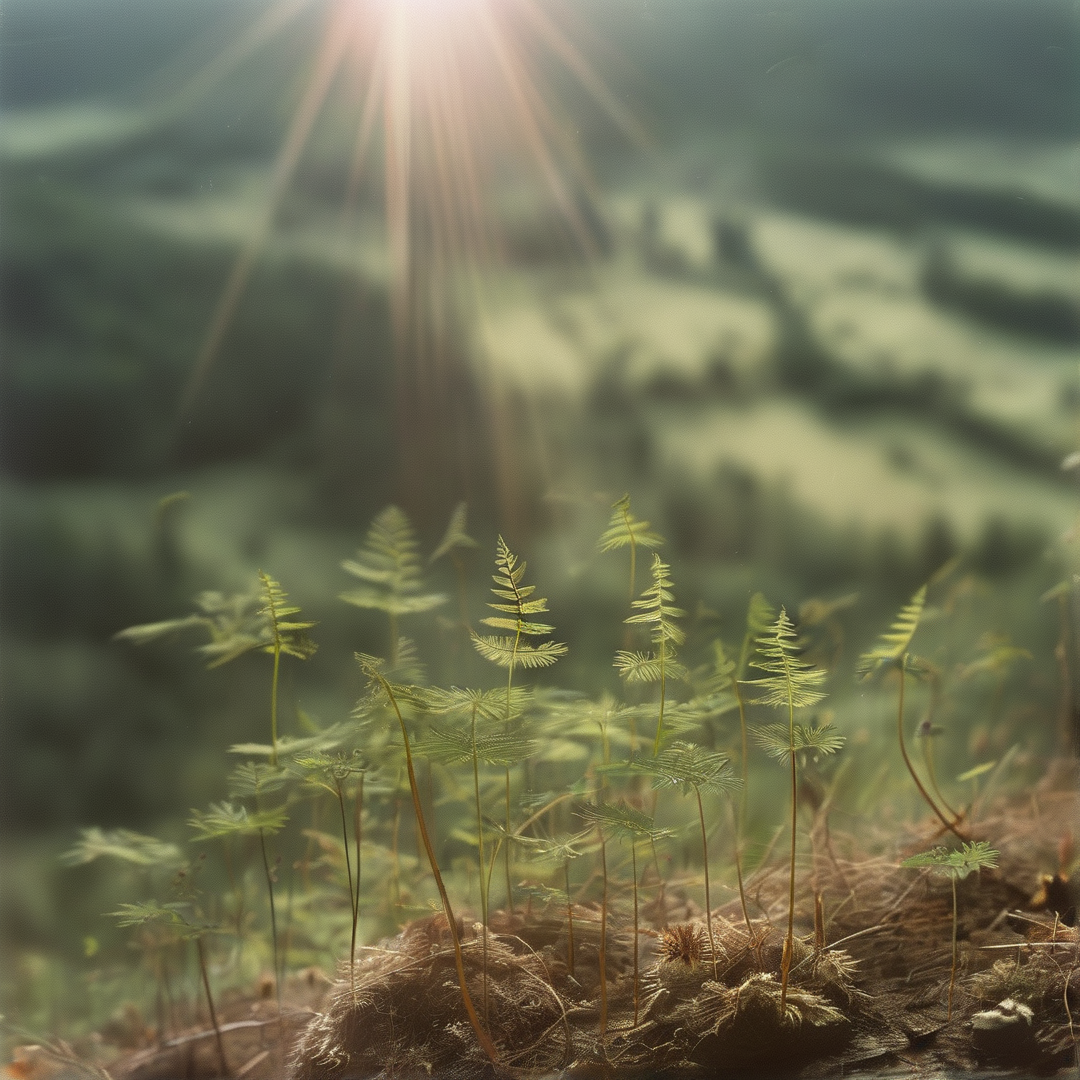 Delicate fern fronds emerge from a mossy log as bright sun rays penetrate the misty forest atmosphere.