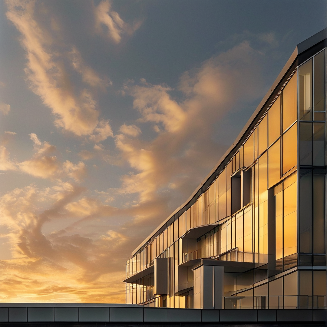 A curved glass building stands against a sky filled with orange clouds lit by the setting sun.