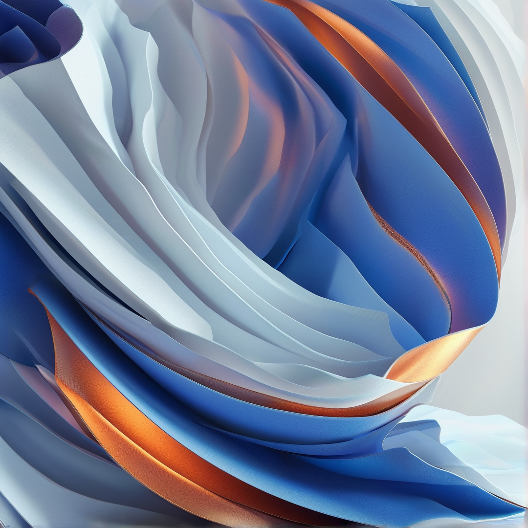 Flowing layers of blue, white, and orange fabric create abstract curves with soft lighting.