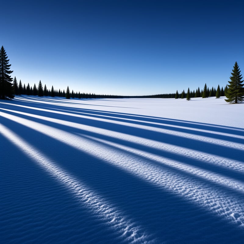 Long dark shadows from evergreen trees stretch diagonally across a bright white snowy field under a clear blue sky.