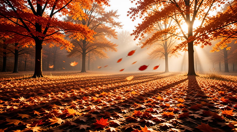 Sunlight streams through orange autumn maple trees onto a carpet of fallen leaves with a few leaves caught midair.