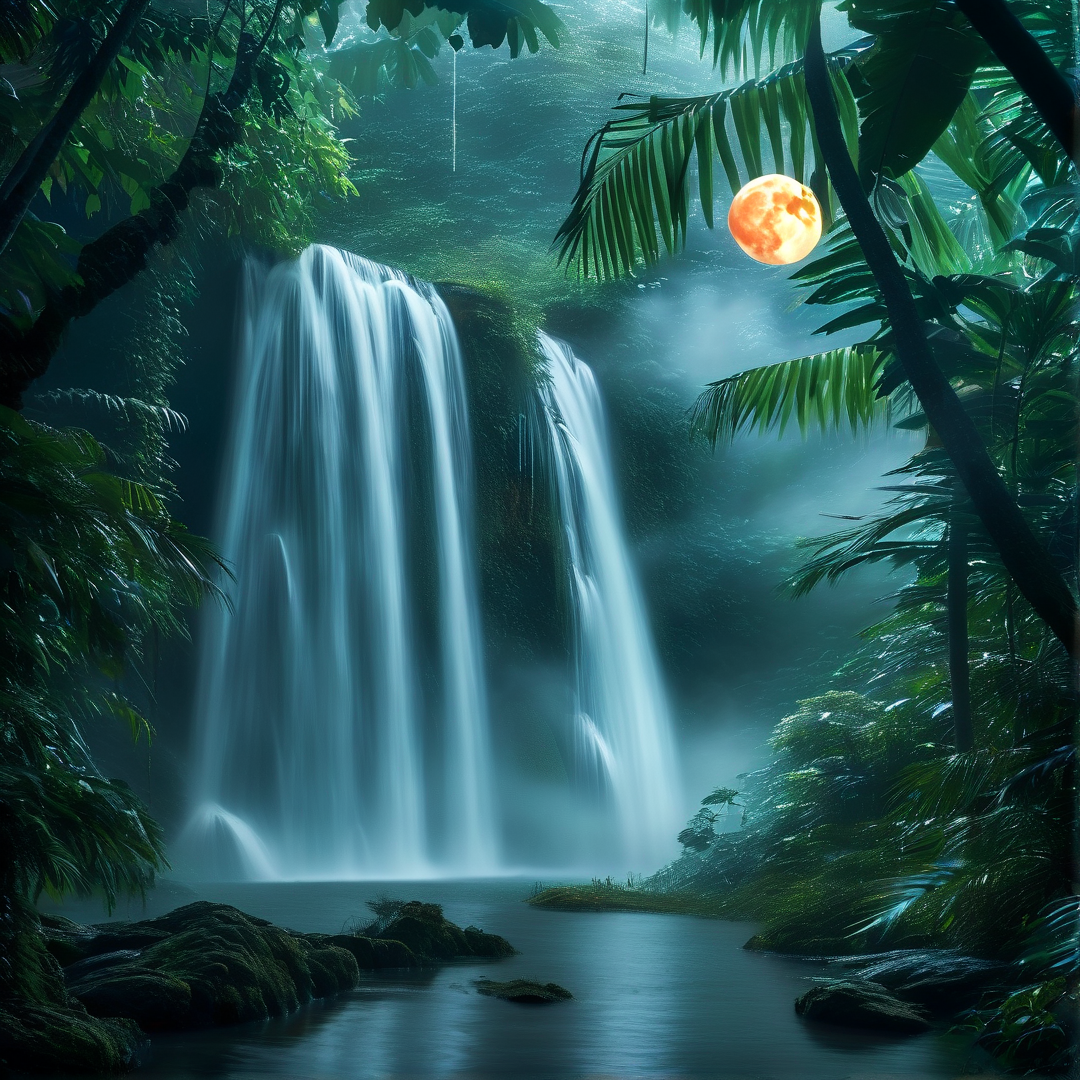 Moonlit Jungle Waterfall
