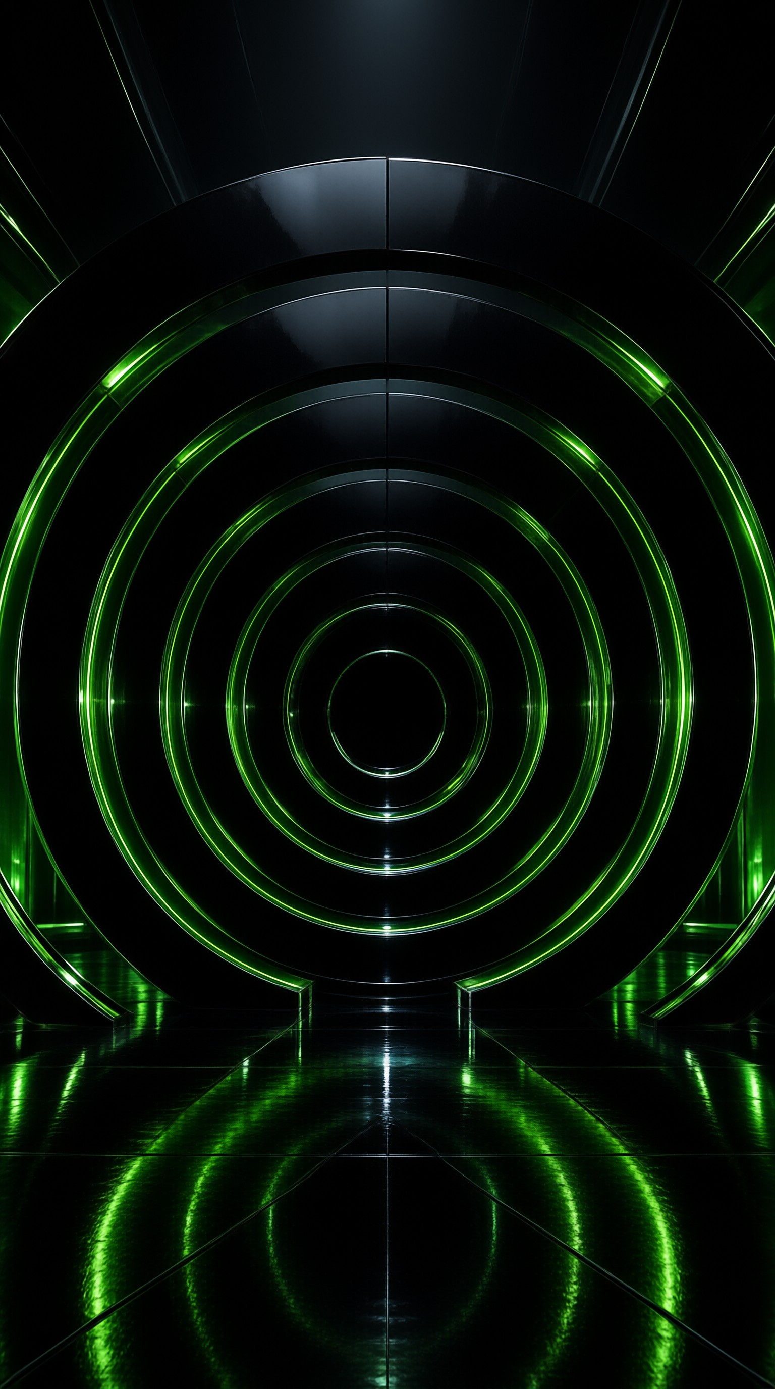Dark cylindrical corridor displaying receding green neon rings with glossy floor reflections.