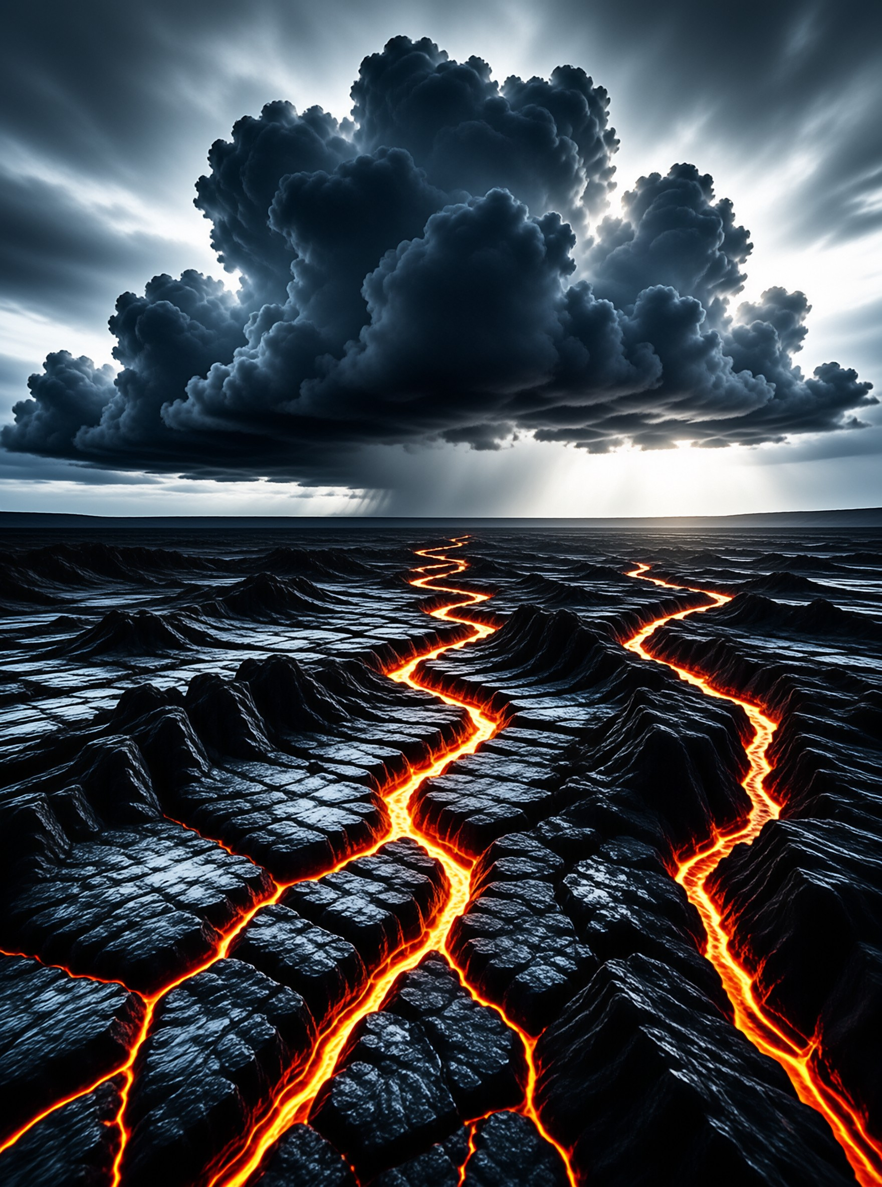 Rivers of molten orange light trace cracks through dark volcanic rock toward a towering storm cloud lit from behind.