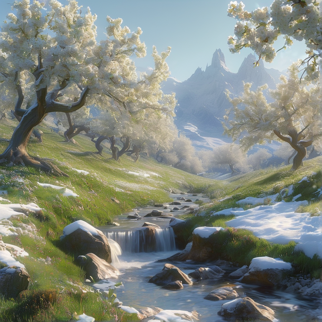 A gentle waterfall tumbles over snow-dusted rocks in a green meadow framed by white blossom trees and jagged peaks.