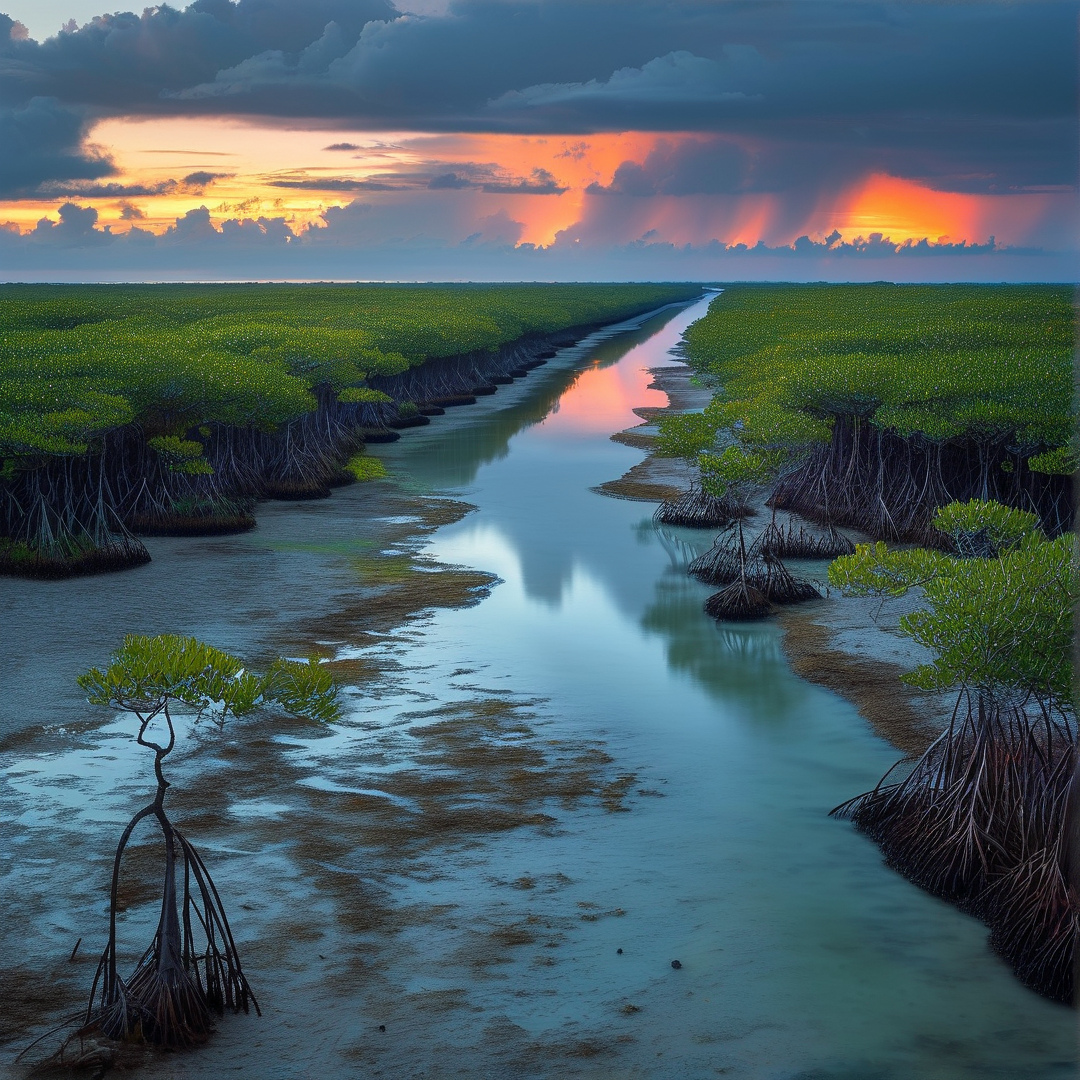 Winding water channel through dense mangrove forest reflecting a vibrant orange and blue sunset sky.