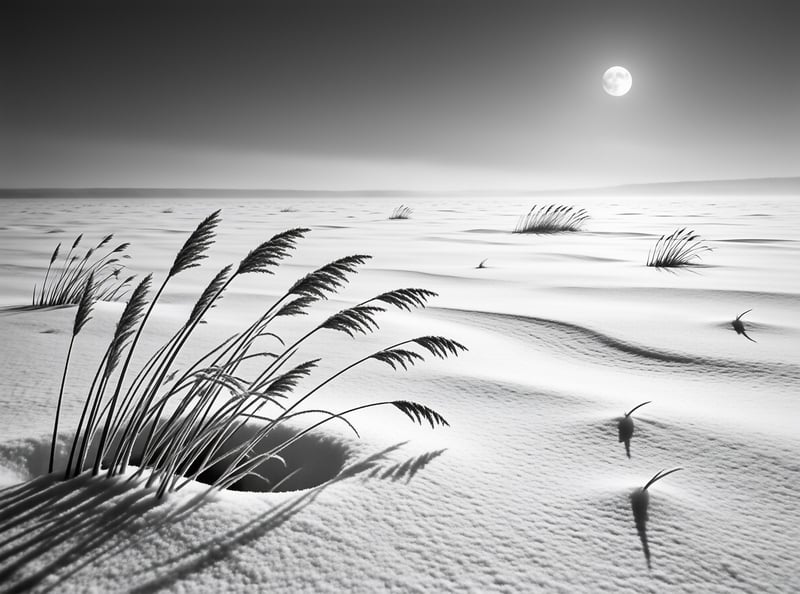 Dark silhouettes of tall grasses stand in a vast snowy field beneath a bright full moon.