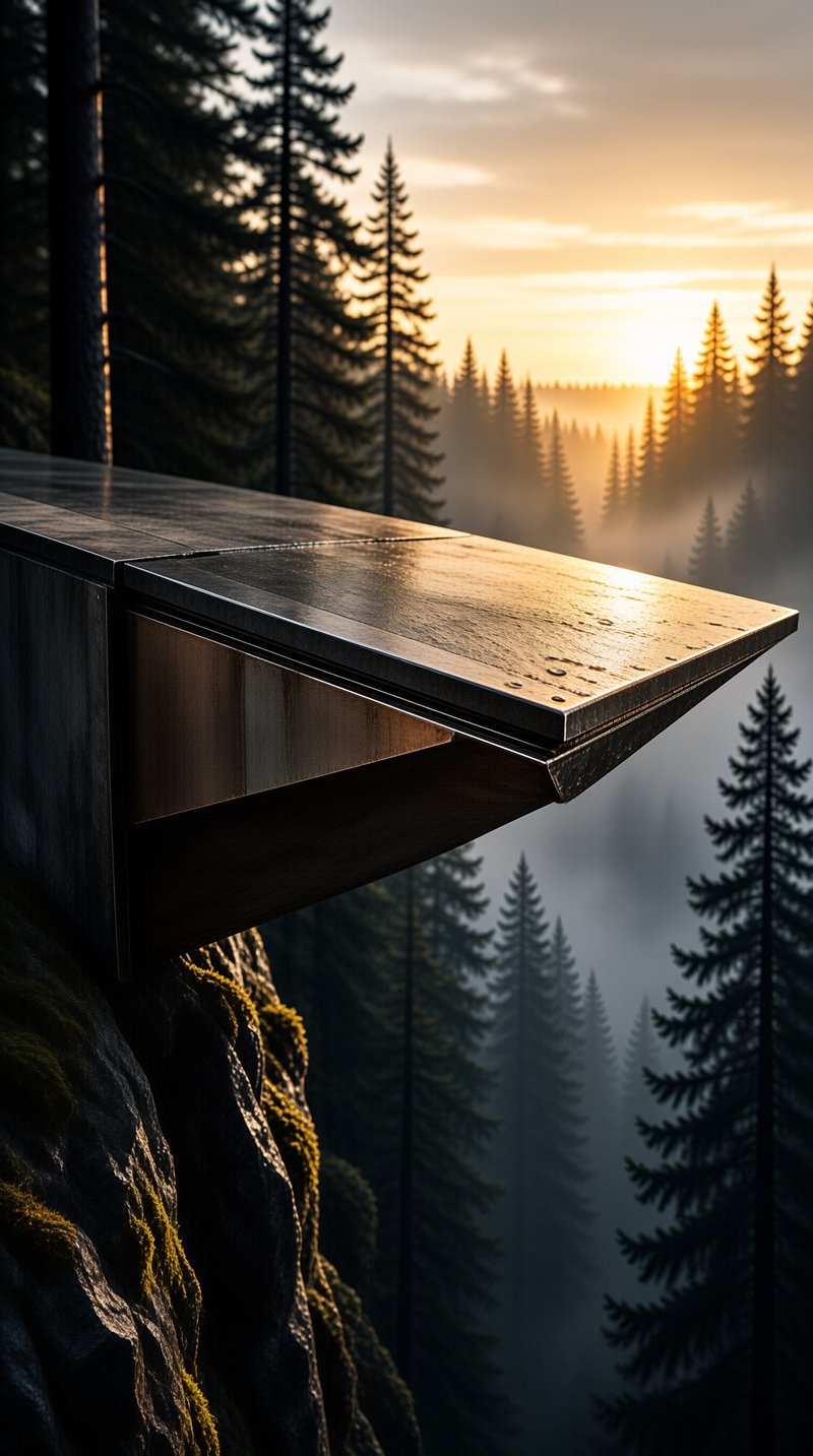 A dark wooden overhang extends above a foggy valley of tall evergreen trees bathed in warm golden sunlight.