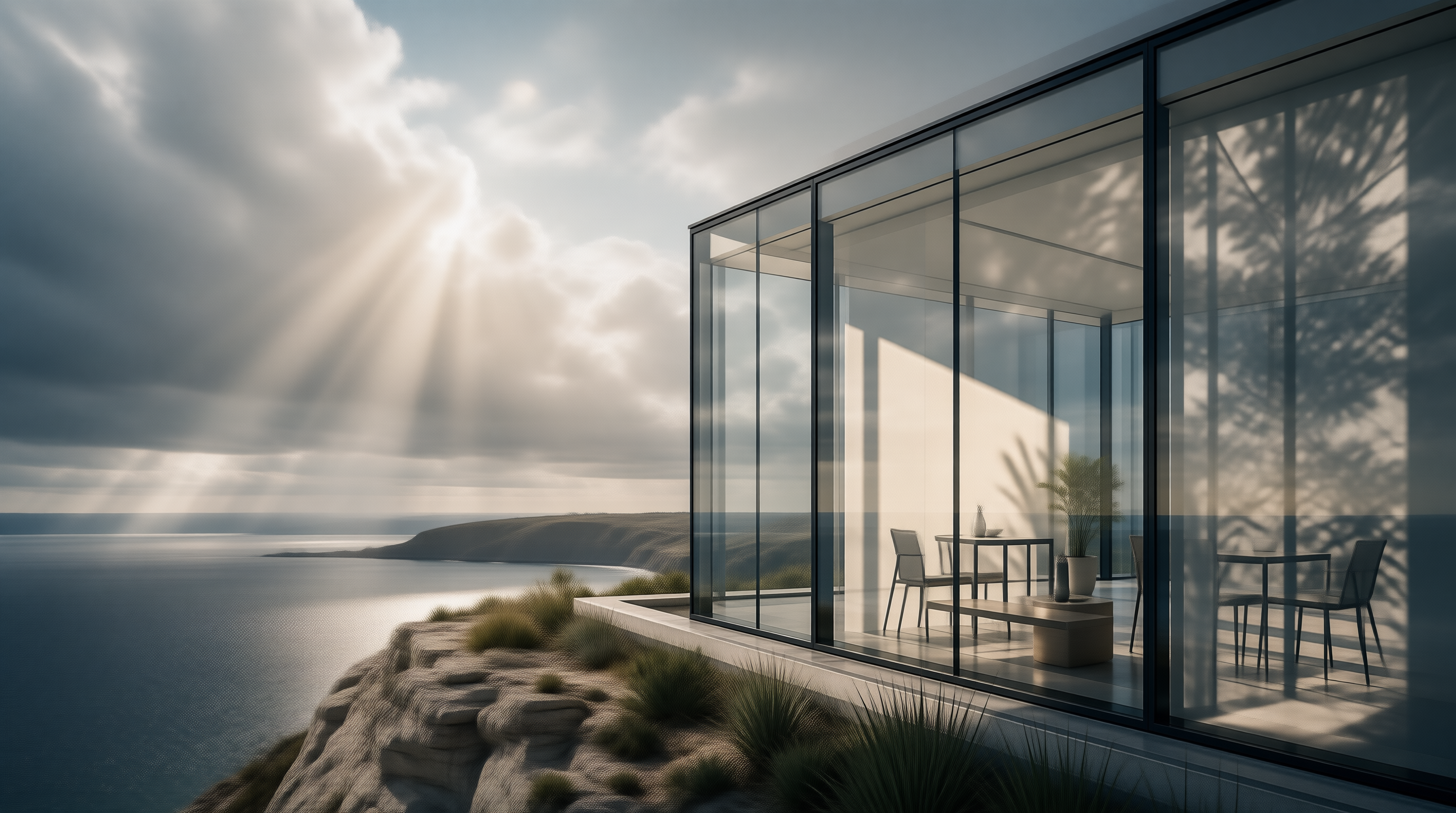 Sunlit Glass House on Cliff
