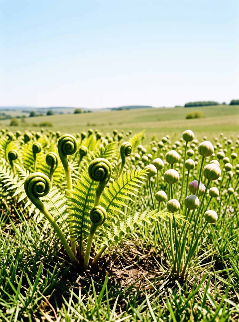 Bright green fern fronds curl upwards next to round flower buds standing tall in a grassy field under a clear blue sky