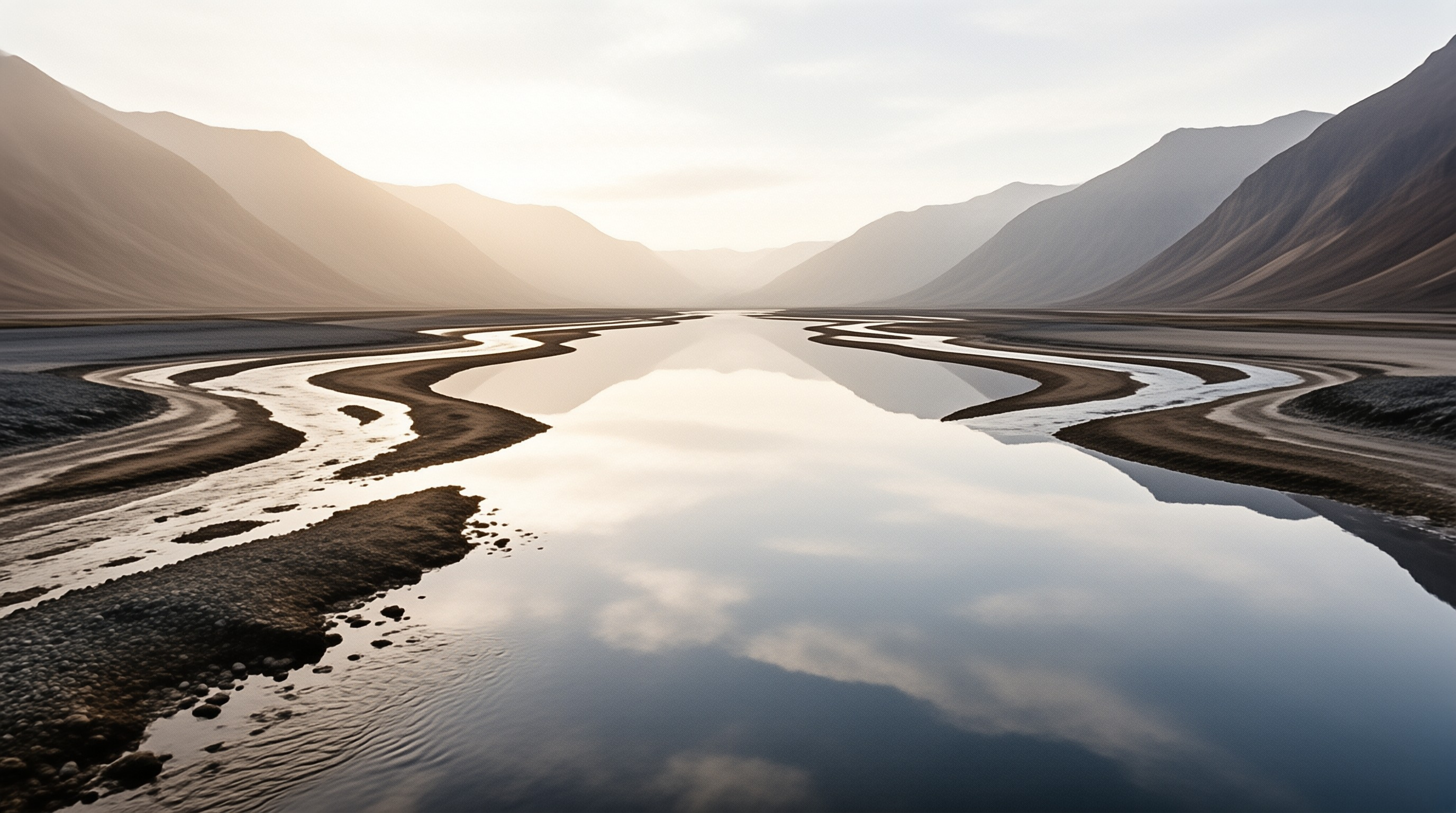 A network of water channels flows through a valley surrounded by mountains reflecting the soft sky.