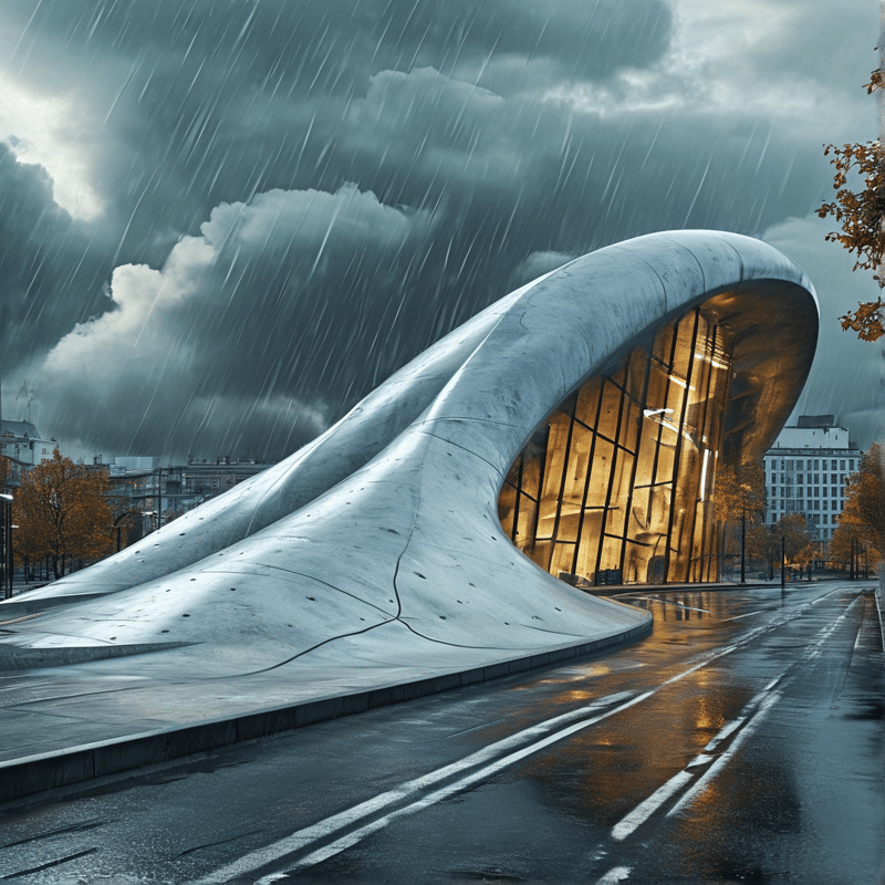 Futuristic Building in Storm