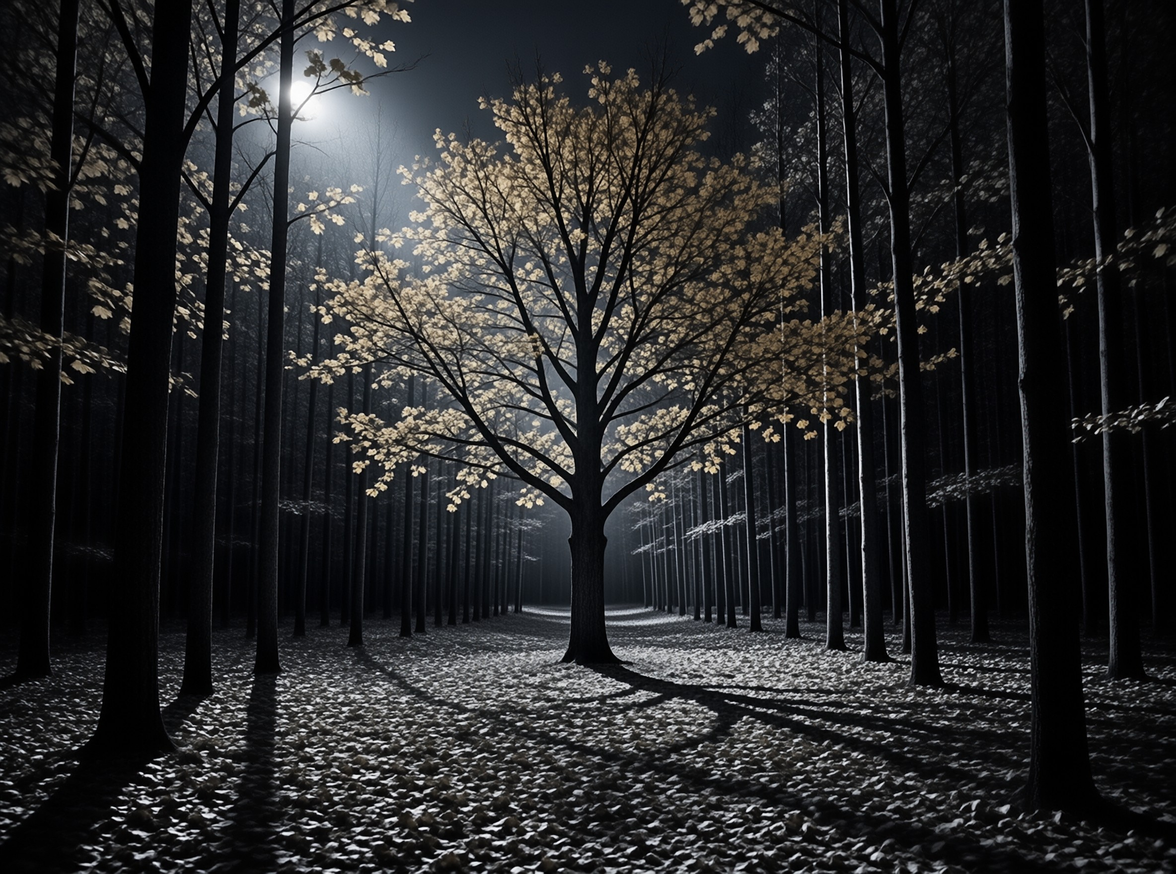Illuminated Tree in Dark Forest
