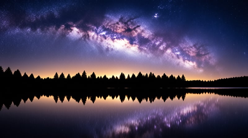 A vibrant purple and white galaxy stretches across a deep blue night sky above a silhouette of pine trees and a calm lake.
