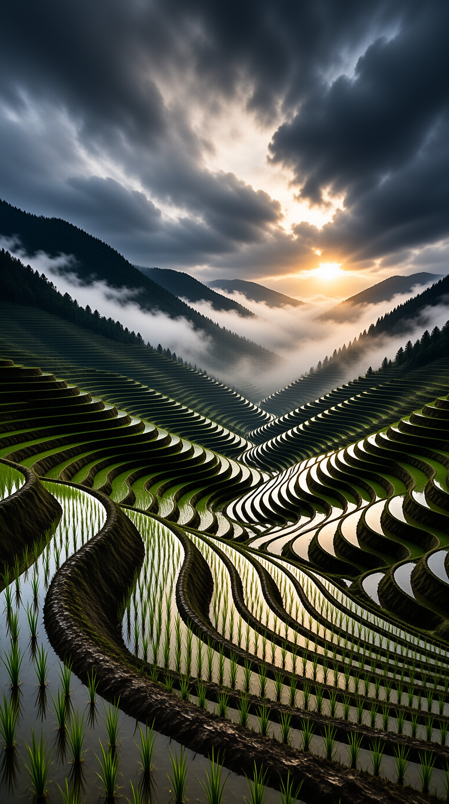 Terraced Rice Fields Under Dramatic Skies