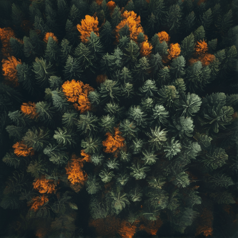 Seen from directly above, dense evergreen crowns and glowing orange larches weave a rich tapestry of fall color.