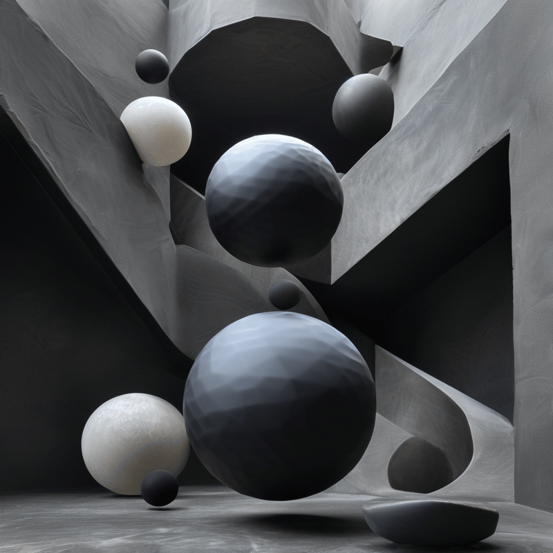 Smooth balls of charcoal and ivory rest and hover between sharp folded planes of grey plaster in soft even light.