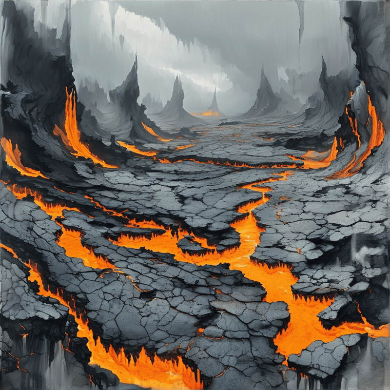 Bright orange molten lava flows through deep fissures in dark grey cracked volcanic rock under an overcast grey sky.