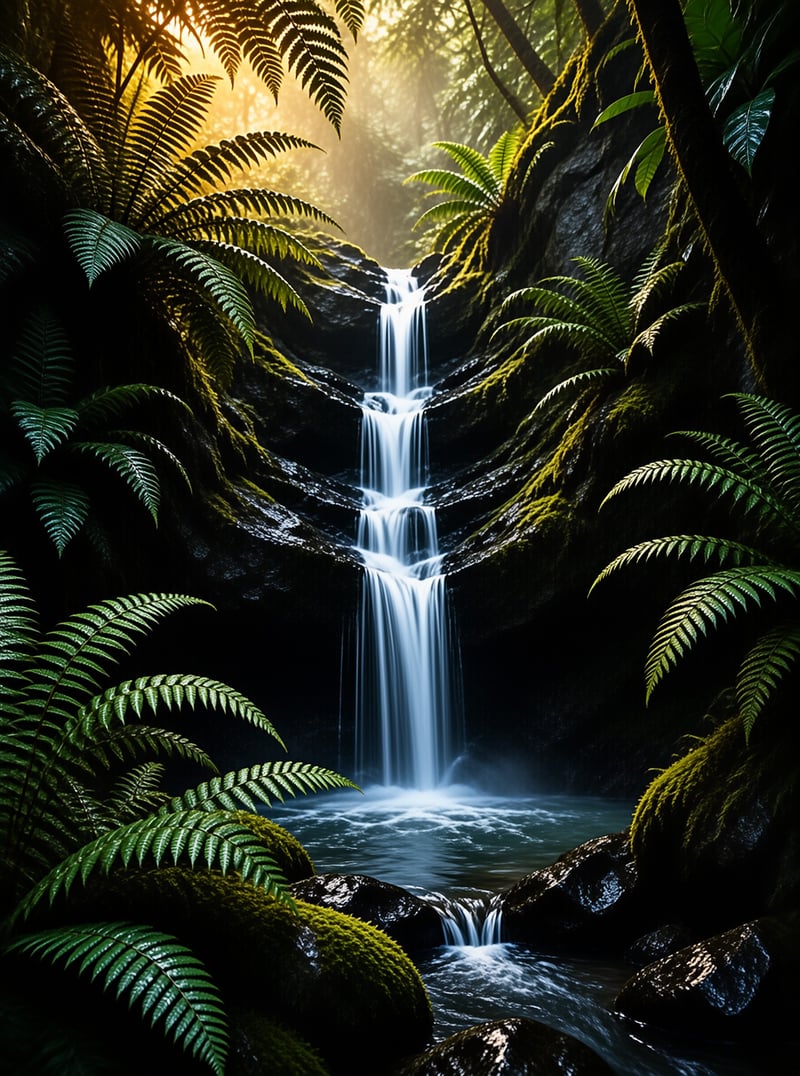 Sunlit Forest Waterfall