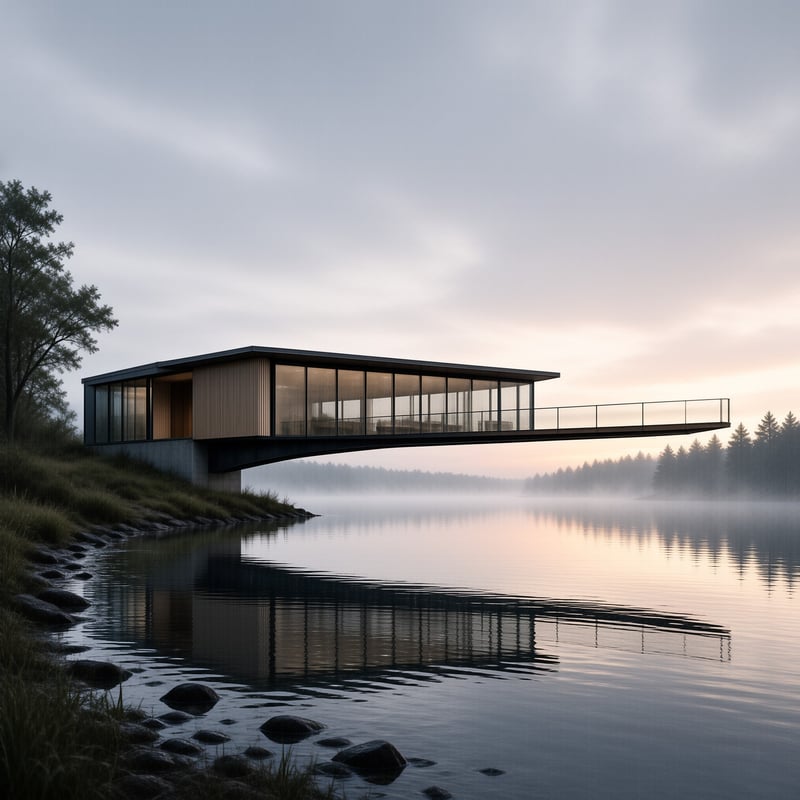 Modern Lake House at Dawn