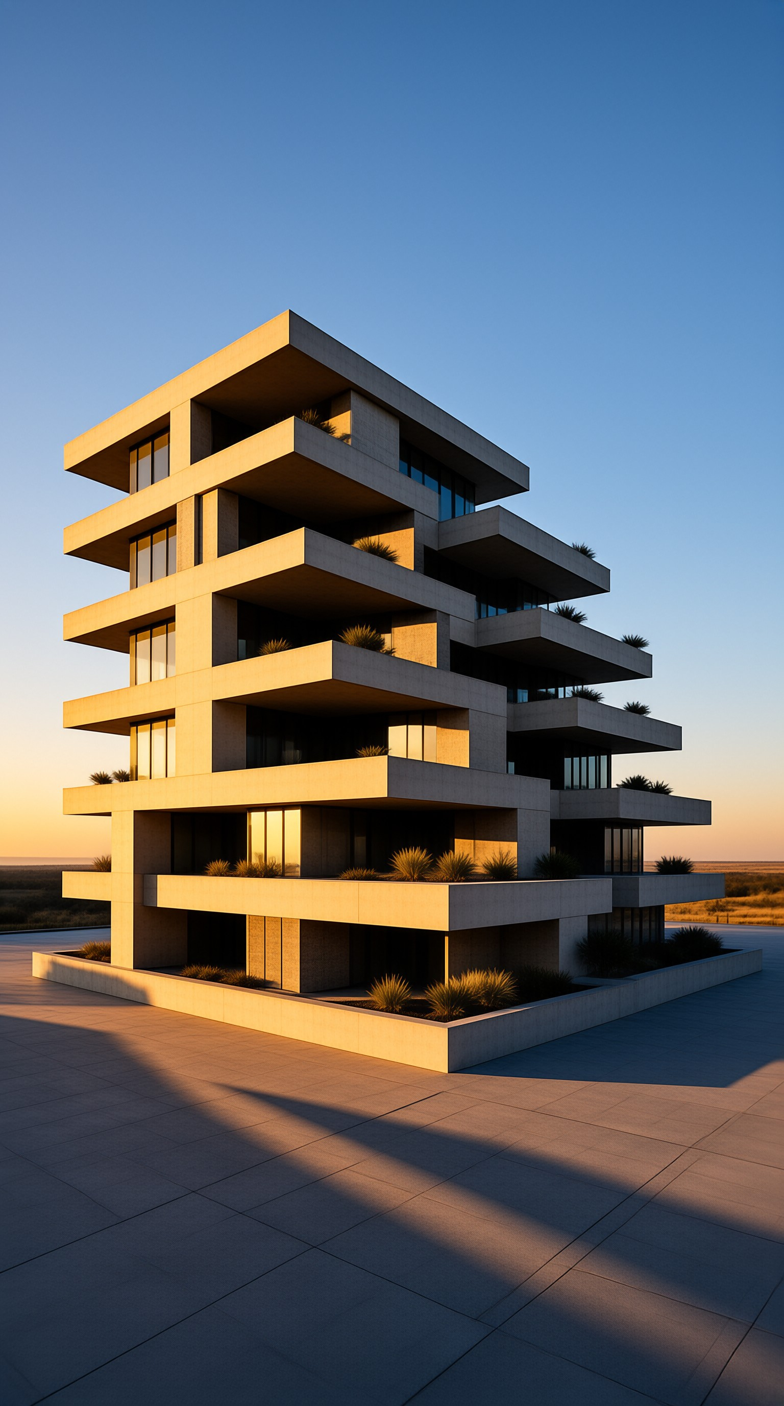 A multi-story concrete house stands on a paved platform with warm sunlight casting long shadows on the ground.