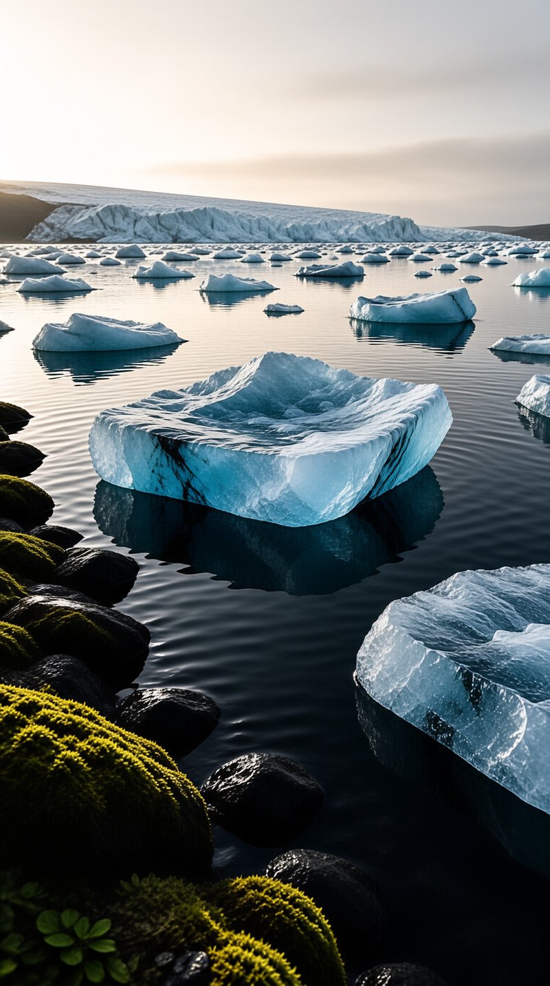 Translucent blue ice blocks rest on dark mirror calm water beside moss covered volcanic rocks under a pale arctic sky.