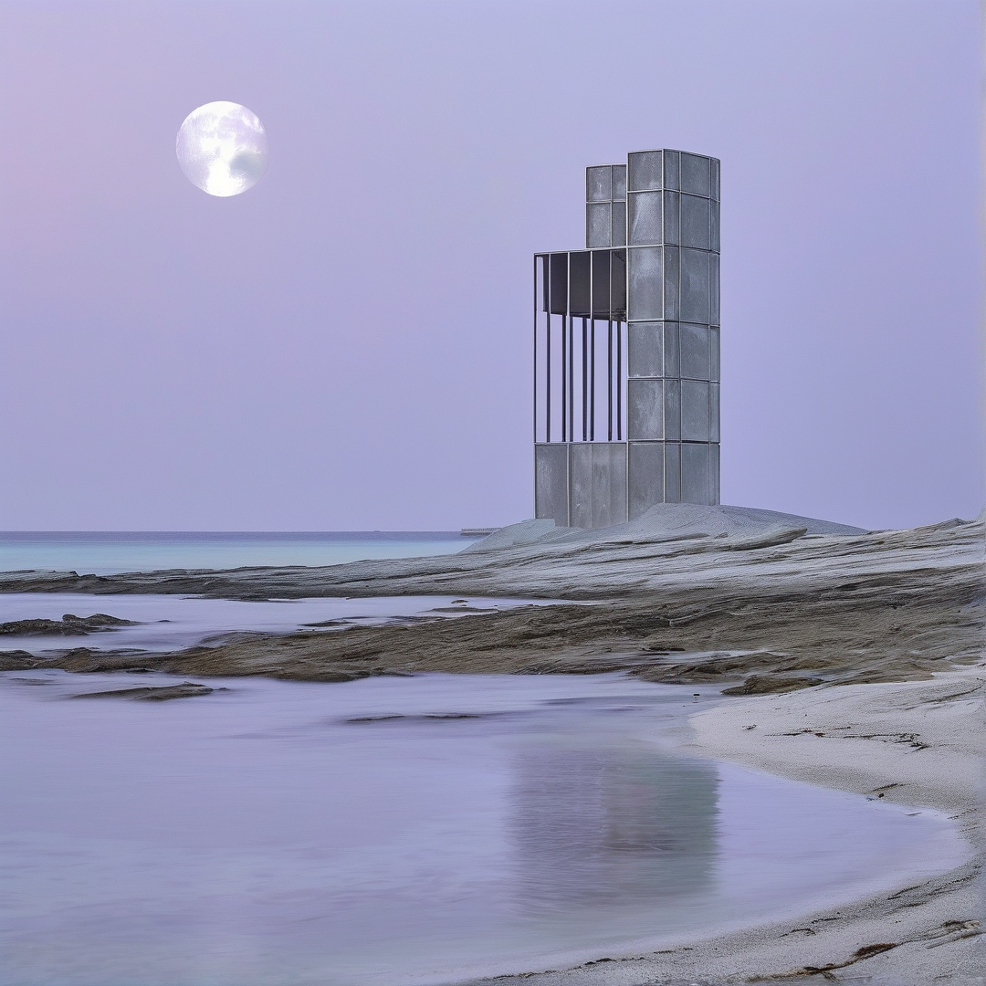 A tall concrete tower rises from a sandy beach under a lavender sky with a large bright moon in the distance.