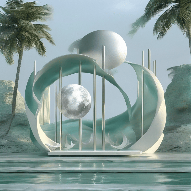 A futuristic installation with green curves and spheres stands on a shore near palm trees under a bright sky.