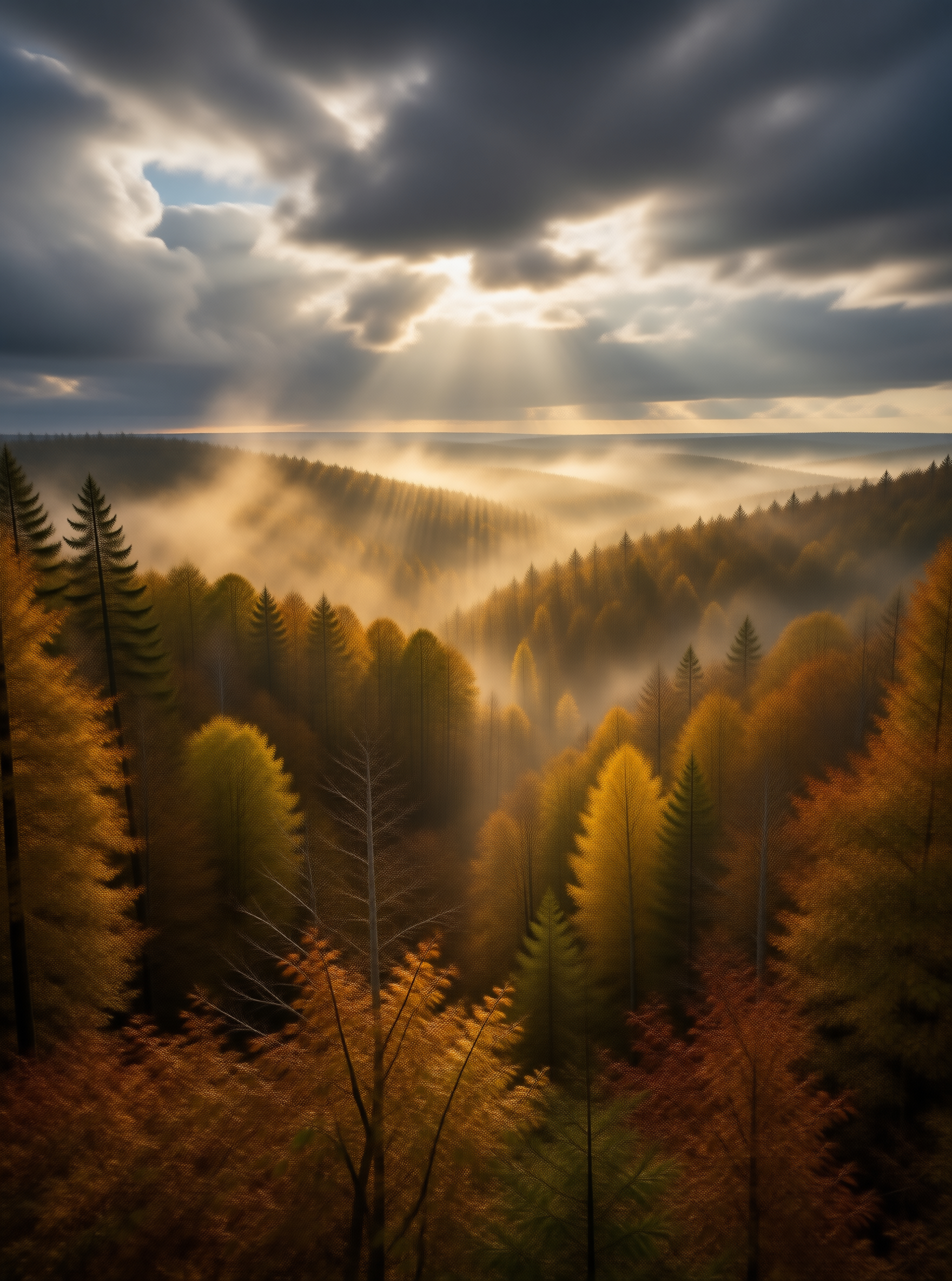 Sunlight Over Misty Forest
