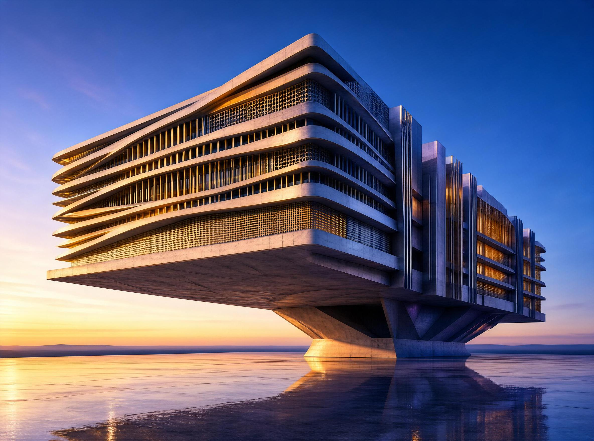 Modern Floating Building at Sunset