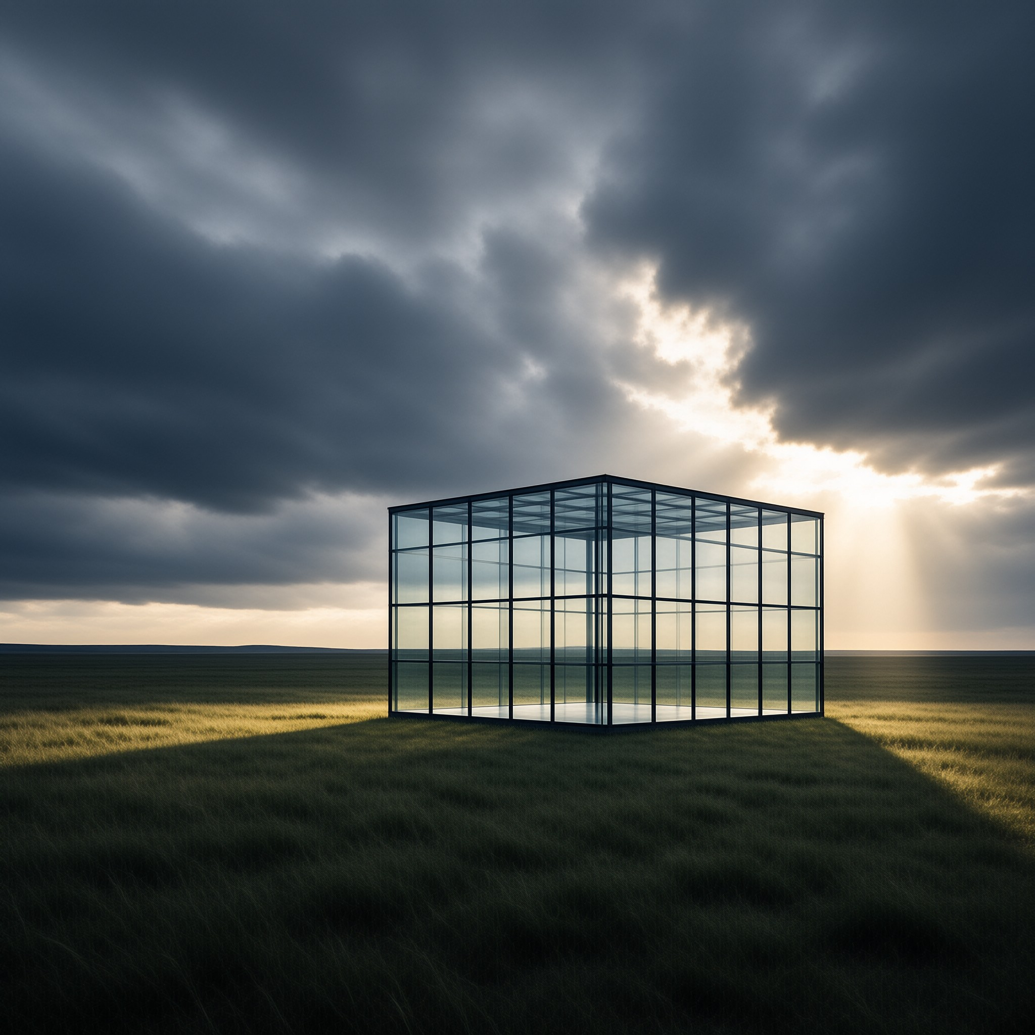 A transparent glass cube stands in a grassy field as sunlight breaks through dark clouds behind it.